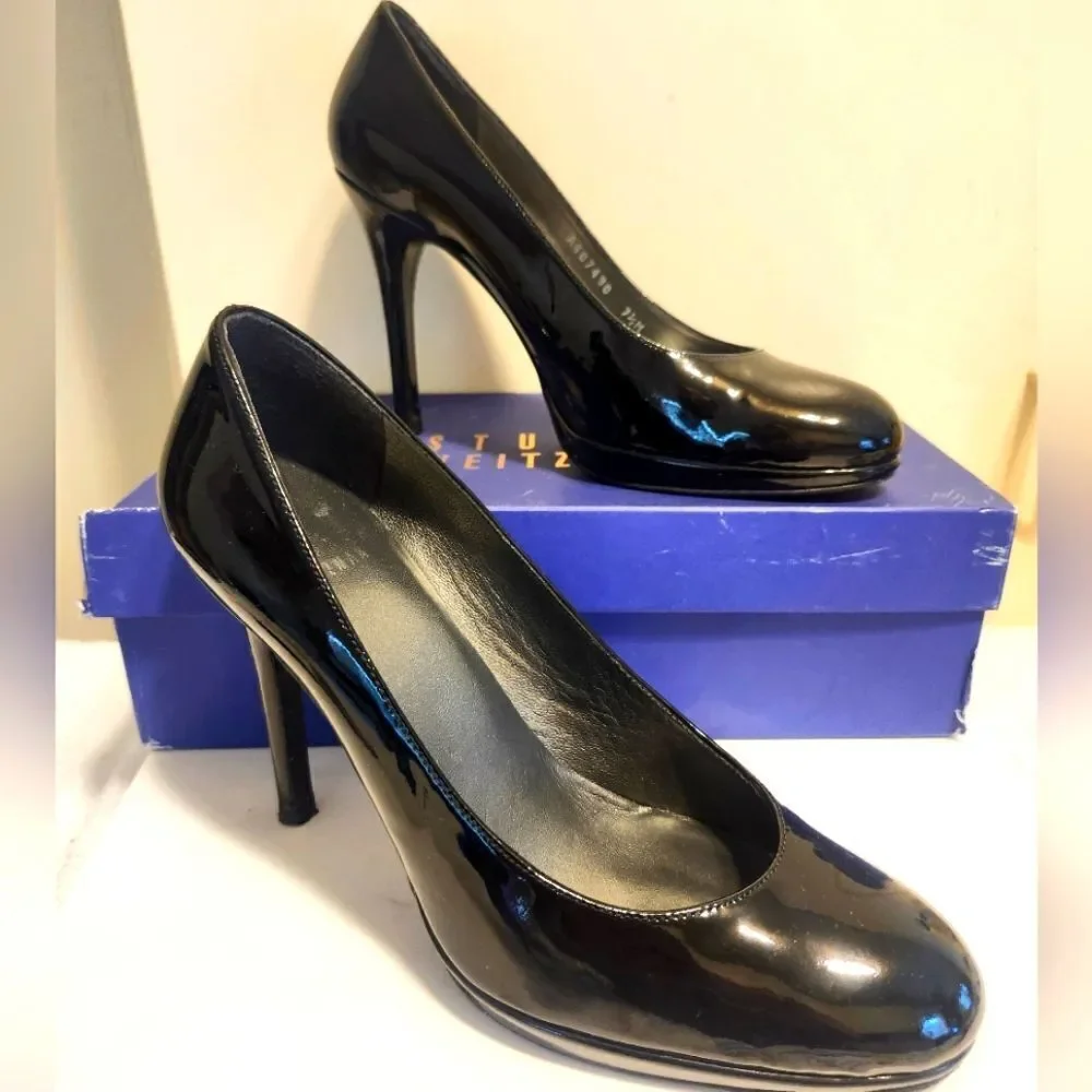 Stuart Weitzman Classic Black Patent Leather Stiletto Heel Pumps sz.7.5 Ret $445